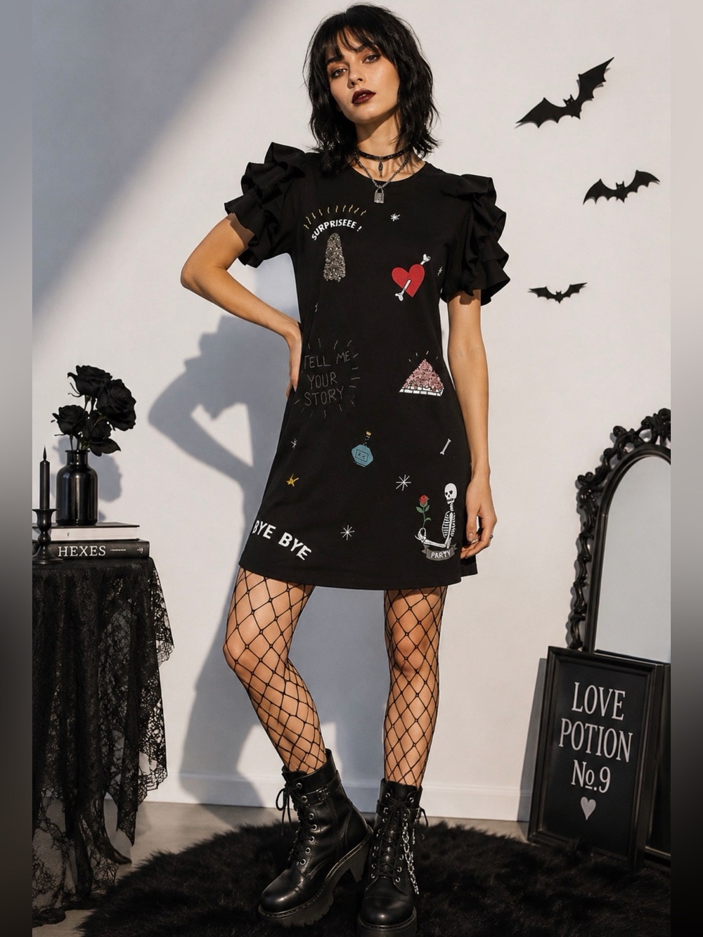 Zara Trafaluc Gothic Graphic Ruffle Sleeve Dress NWT S